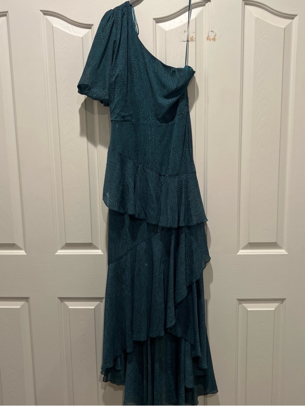 One-Shoulder Teal Ruffled Maxi Dress